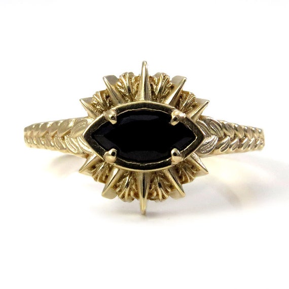 Ready to Ship Size 6 - 8 Black Spinel Sage Burning Evil Eye Ring - 14k Yellow Gold
