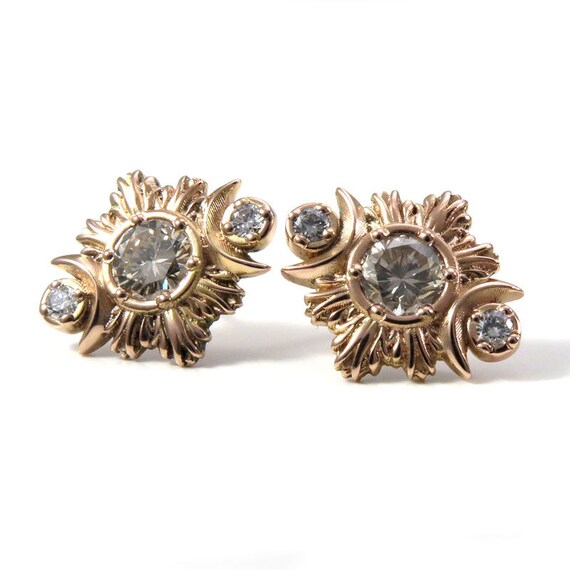 Ready to Ship - Grey Champagne Diamond Moonfire Post Earrings - Triple Moon Goddess Fine Jewelry
