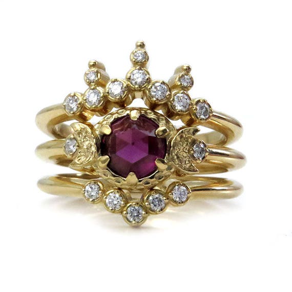 Rhodolite Garnet Moon Goddess Engagement Ring Set - 14k Gold with Diamonds