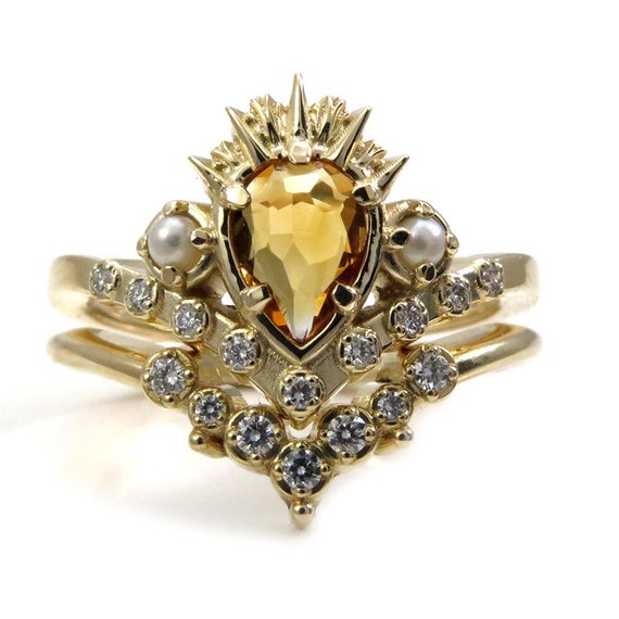 Ursula the Sea Witch Engagement Ring Set - Citrine Pear with Seed Pearls and Diamonds