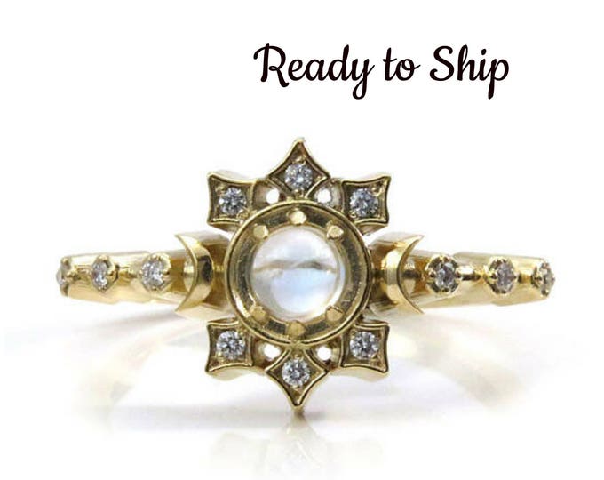 Ready to Ship Size 6 - 8 Orion Moon Ring - Peristerite Moonstone and Diamonds Constellation Engagement Ring