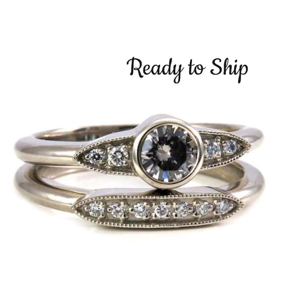Ready to Ship Size 6-8 - Art Deco Grey Diamond and Tiny Diamond Engagement Ring Set - 14k White Gold