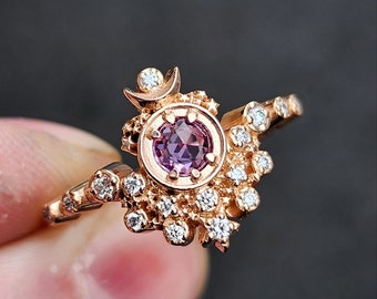 Rose Cut Purple Sapphire Moon Witch Engagement Ring with Diamonds and Stardust - 14k Rose Gold - Delicate Diamond Ring