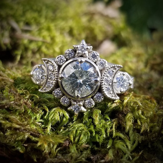 Selene Moon Goddess Engagement Ring - Moissanite or Galaxy Diamond Lunar Boho Wedding Ring -14k Palladium White Gold