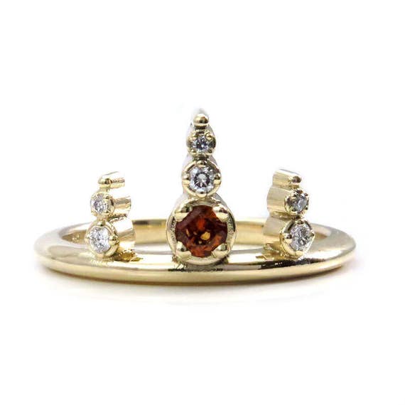 Ready to Ship Size 6 - 8 - Hessonite Garnet Viking Diamond Crown Ring - 14k Yellow Gold Stacking Engagement
