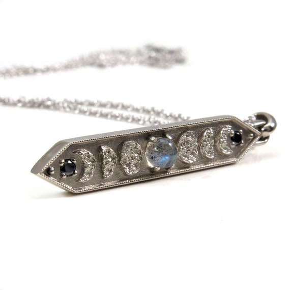 Labradorite Moon Phase Bar Pendant with Black Diamonds - Lunar Fine Jewelry Necklace - 14k Palladium White Gold