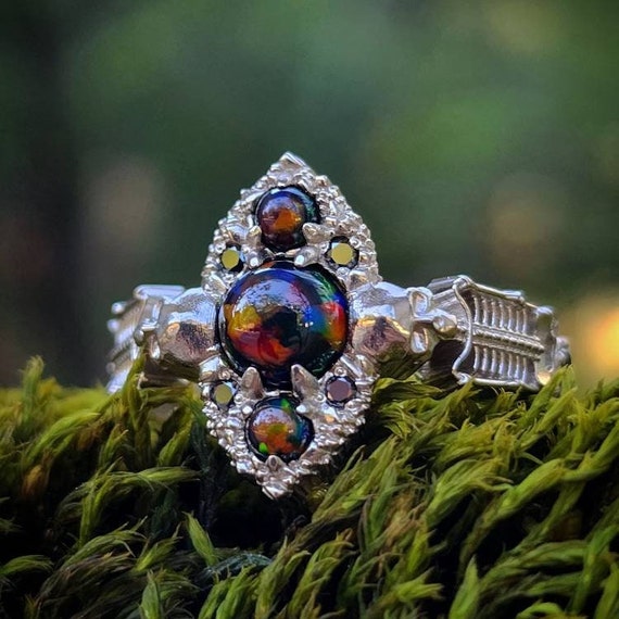 Black Opal Gothic Skeleton Engagement Ring With Black Diamonds 14k
