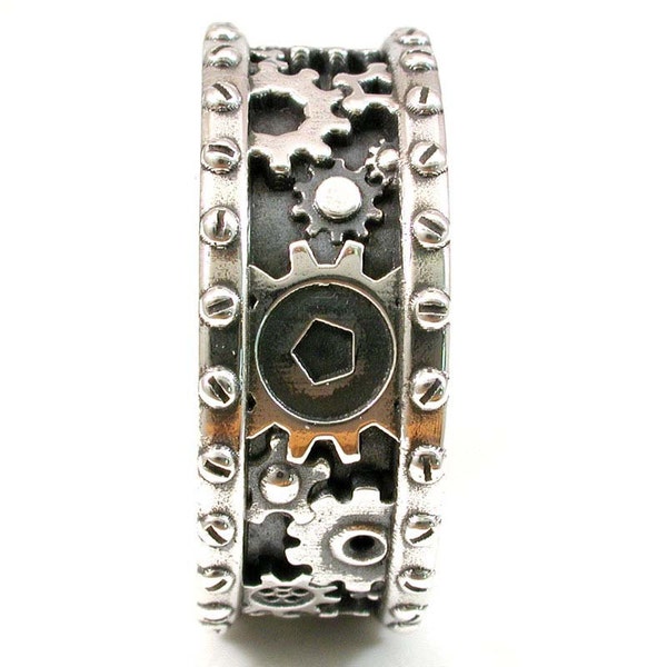 SteamPunk Mens Silver Ring Gears and Rivets Industrial image 2