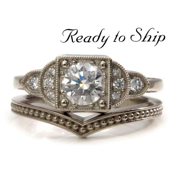 Ready to Ship Size 6 - 8 - Art Deco Moissanite and Diamond Engagement Ring - 14k Palladium White Gold Diamond Wedding Ring Set