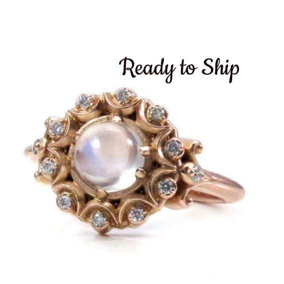 Ready to Ship Size 5.5 - 7.5 Crystal Ball Bohemian Engagement Ring - Moonstone and Diamonds in 14k Rose Gold