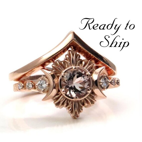 Ready to Ship Size 6 - 8 - Morganite Moon Fire Celestial Engagement Ring with Diamonds and Chevron Wedding Band - 14k Rose Gold Boho Wedding