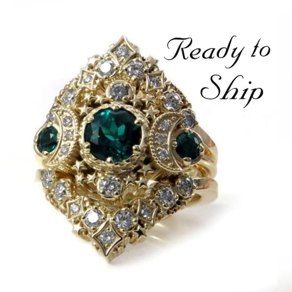 Ready to Ship Size 6 - 8 - Cosmos Stardust Engagement Ring Set - Chatham Emeralds & Diamonds Moon Wedding Set - 14k Yellow Gold