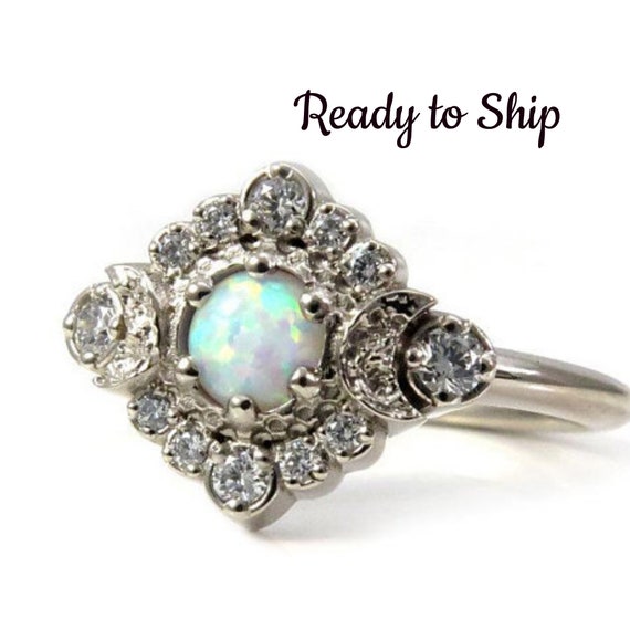 Ready to Ship - Lab Opal Moon Halo Engagement Ring - White Diamonds in 14k Palladium White Gold