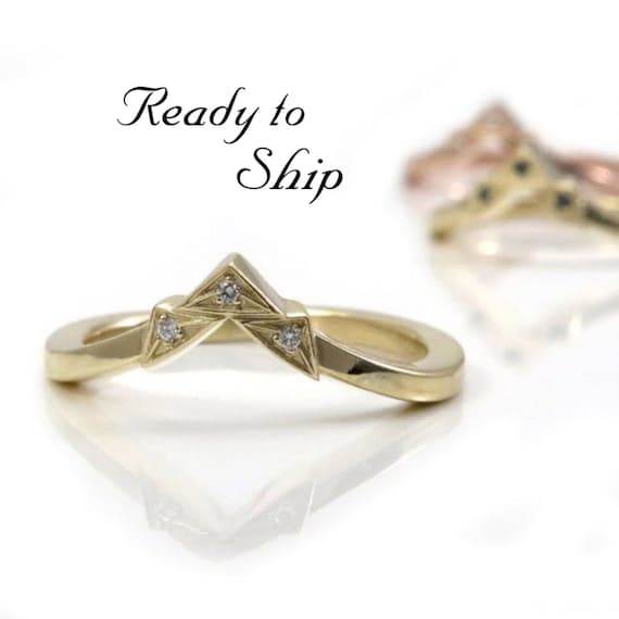 Ready to Ship Size 6 - 8 - Art Deco Tiny Diamond Chevron Pointed Gold Wedding Band - Rose, Yellow or Palladium White Gold