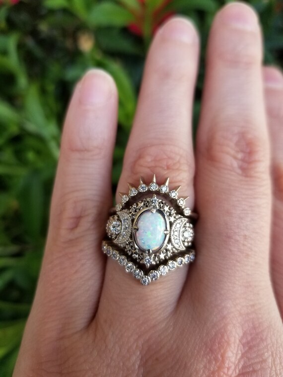 Starseed Lab Opal Engagement Ring Set - 14k Palladium White Gold & Diamonds - Celestial Moon Phase Wedding Set