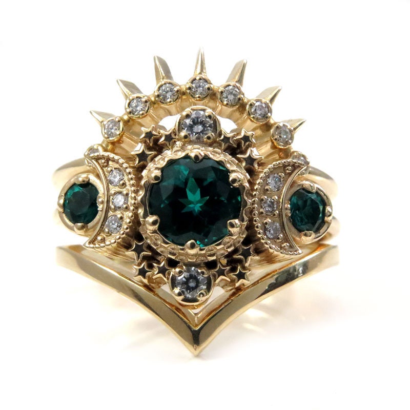 Chatham Emerald & Diamond Cosmos Moon Engagement Ring Set | Etsy