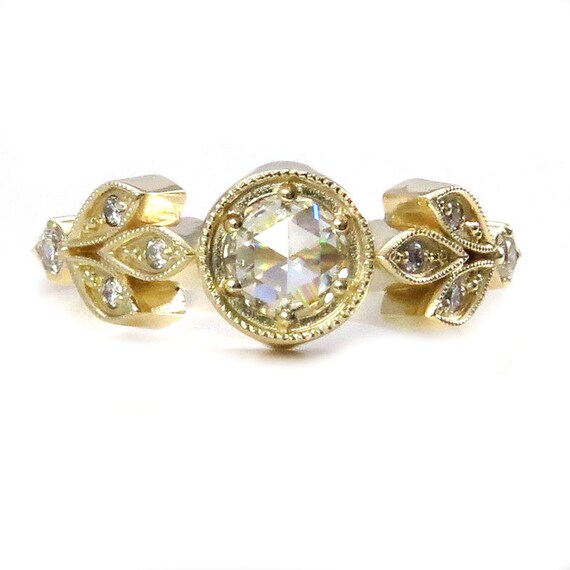 Art Deco Twig & Leaf Enagement Ring with Rose Cut Moissanite and Diamonds - Yellow, Rose or White Gold