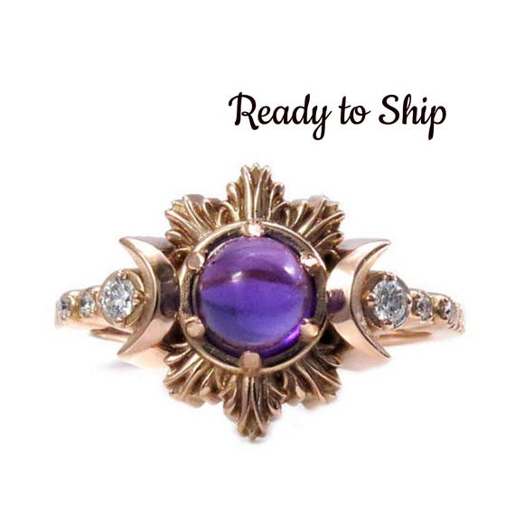 Ready to Ship Size 6-8 Amethyst Moon Fire Engagement Ring - Rose Gold and Diamond Moon Phase Jewelry