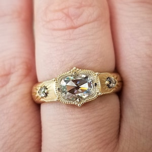 Antique Cushion Moissanite Wide Band Victorian Style Ring with Salt & Pepper Pear Diamonds - Rose Cut Vintage Inspired Engagement Ring