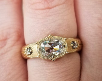 Antique Cushion Moissanite Wide Band Victorian Style Ring with Salt & Pepper Pear Diamonds - Rose Cut Vintage Inspired Engagement Ring