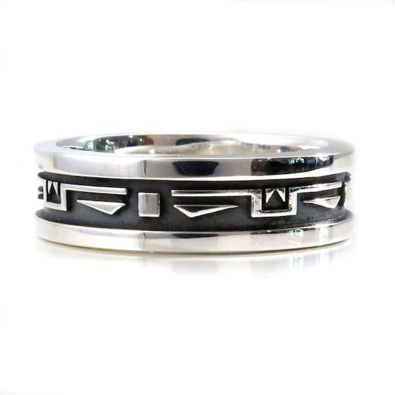 Ready to Ship Size 9.5 - 10 - Mens Southwest Art Deco Silver Wedding Ring - Handmade Sterling Band