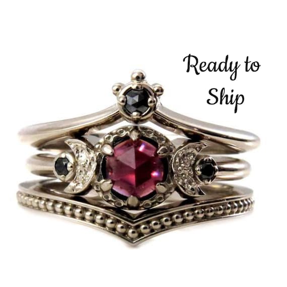 Ready to Ship Size 6 - 8 - Black Diamond And Garnet Crown and Moon Engagement Ring Set - Gothic Victorian Fine Jewelry