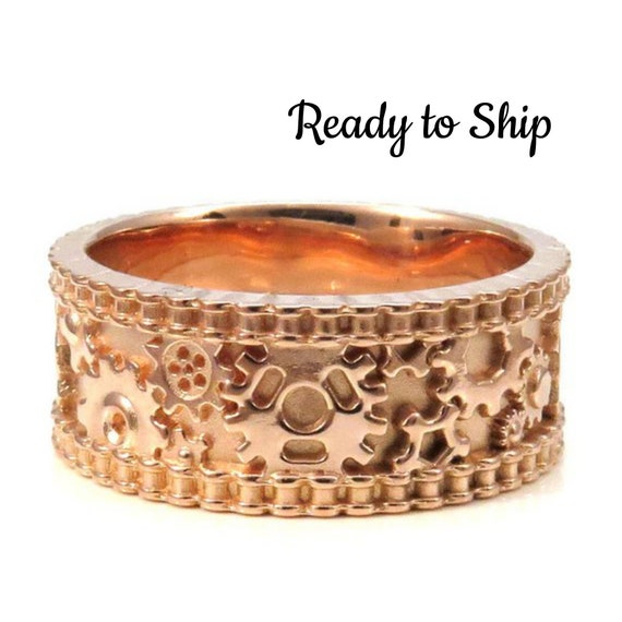 Ready to Ship Size 9.5 -10 - Mens Rose Gold Gear Ring with Bike Chain Rails - Industrial Steampunk Wedding Band