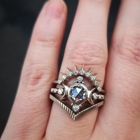 Ready to Ship Size 6 - 8 - Rose Cut Light Gray Moissanite and Diamond Compass Moon Ring Set - 14k Palladium White Gold