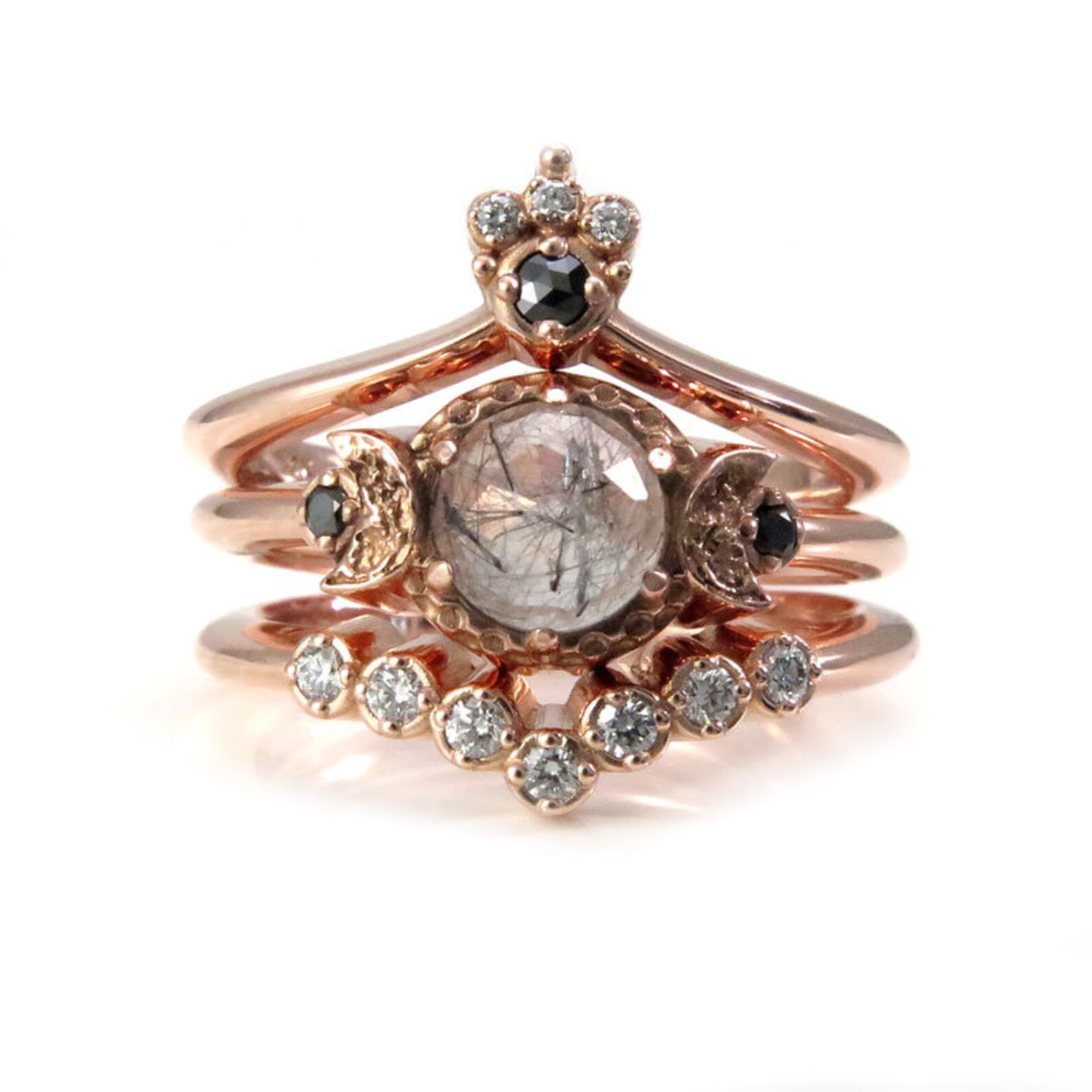 Celestial Goth Engagement Ring Set Black Rutile Quartz Moon Etsy