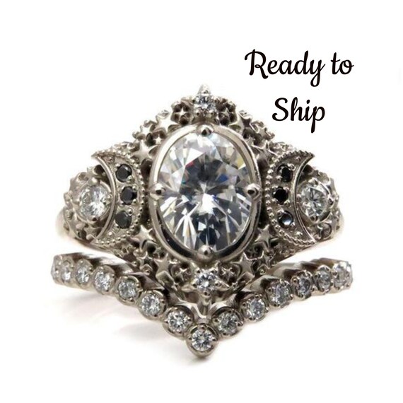 Ready to Ship Size 6 - 8 - Starseed Engagement Ring Set - Oval Moissante with Black and White Diamonds - Boho White Gold Wedding Rings