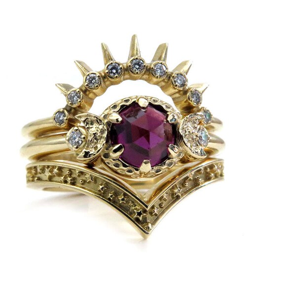Garnet Sunray Moon and Star Engagement Ring Set - 14k Gold with Diamonds - Gothic Bohemian