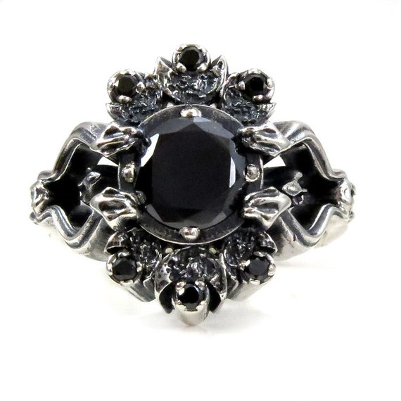 Gothic Snake and Crescent Moon Engagement Ring - Black Moissanite and Black Diamonds
