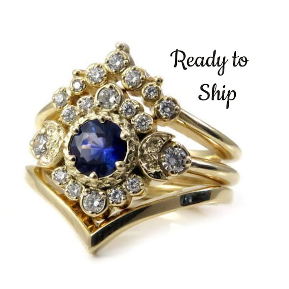 Ready to Ship Size 6 - 8 - Moon Goddess Sapphire Engagement Ring Set with Double Chevron Wedding Band - 14k Yellow Gold - Handmade Jewelry