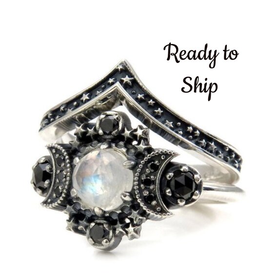 Ready to Ship Size 6 - 8 - Rainbow Moonstone Cosmos Moon Engagement Ring Set - Sterling Silver