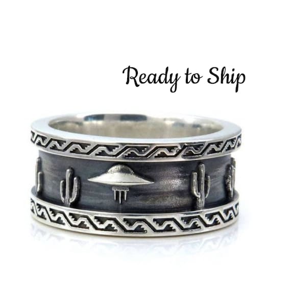 Ready to Ship Size 8 - 8.5 - Mens Roswell UFO Ring - Sterling Silver - Southwest Scene with Cactus