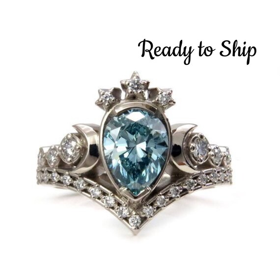 Blue Diamond Lunar Priestess Engagement Ring - Irradiated Blue Pear Diamond with White Diamonds - 14k Palladium White Gold - Size 6-8