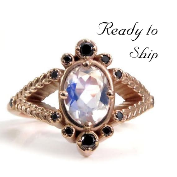 Ready to Ship Size 6 - 8 - Oval Moonstone and Sage Split Shank Ring with Black Diamonds - 14k Rose Gold Botanical Engagement Ring