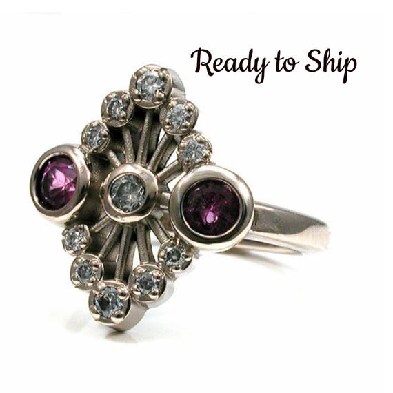 Ready to Ship - Size 5.5 - 7.5 - Twin Purple Sapphire Engagement Ring With Diamond Fan - Palladium White Gold READY TO SHIP Size 5.5-7.5