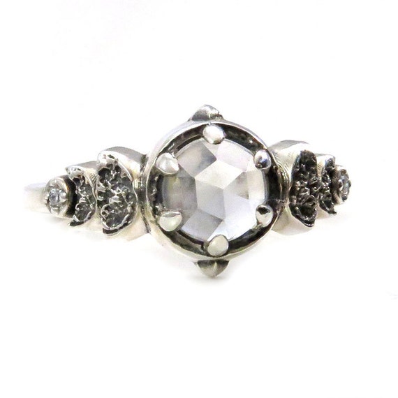 Moon Phase White Topaz and White Diamond Sterling Engagement Ring - Pick your Finish