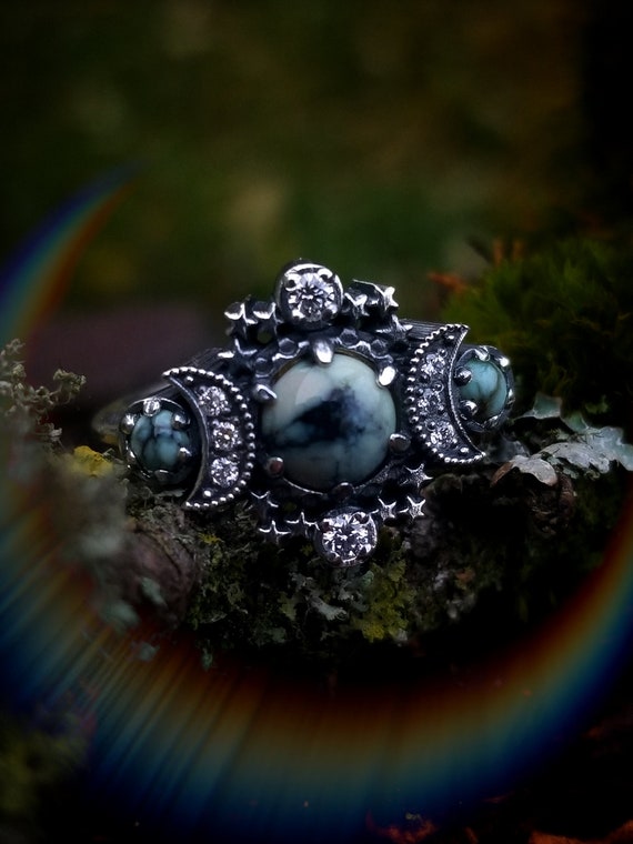 Ready to Ship Size 6 - 8 - Variscite Cosmos Moon Engagement Ring Set Triple Moon Goddess Silver Ring with Diamond Stardust Chevron