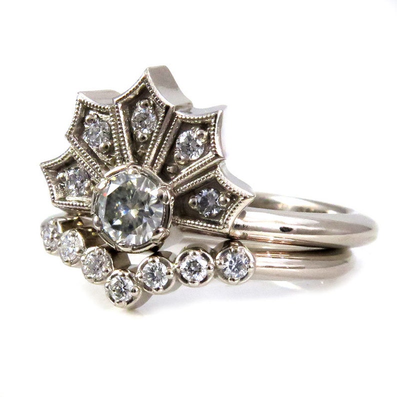 Modern Art Deco Engagement Ring Set Crown Ring With Etsy