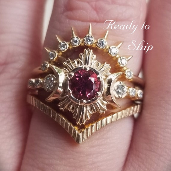 Ready to Ship Size 6 - 8 - Malaya Garnet Moon Fire Engagement Ring Set - Diamond and Yellow Gold Celestial Moon Ring & Stacking Bands