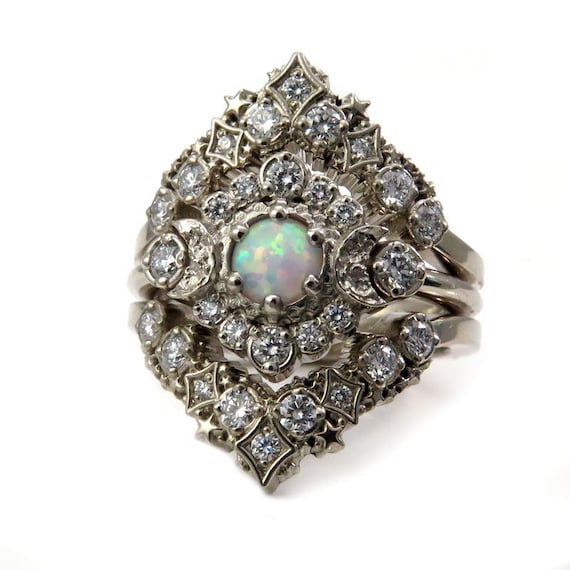 Lab Opal Moon and Stardust Engagement Ring Set - White Diamonds in 14k Palladium White Gold