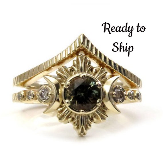 Ready to Ship Size 6 - 8- Bi-Color Tourmaline MoonFire Boho Engagement Ring Set with Honey Champagne Diamonds