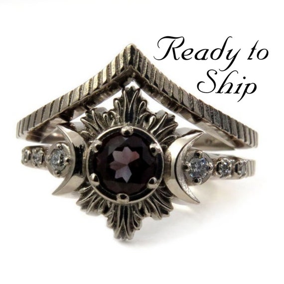 Ready to Ship Size 6 - 8 Oregon Sunstone Moon Fire Gothic Engagement Ring with White Diamonds - 14k Palladium White Gold