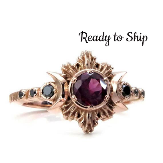 Ready to Ship Size 6 - 8 Rhodolite Garnet Moon Fire Gothic Engagement Ring with Black Diamonds - 14k Rose Gold