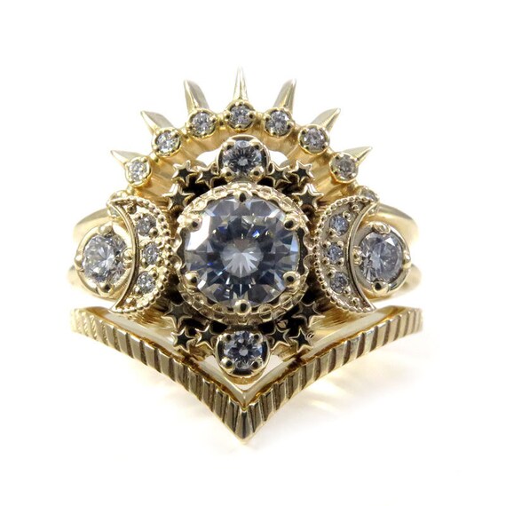 Cosmos Moon Ring Set Unique Engagement Rings- Moissanite or Diamonds Gold Wedding Rings