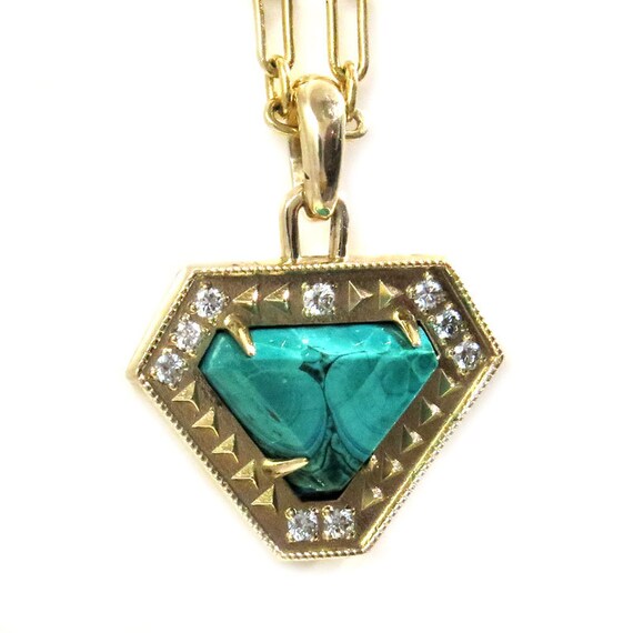 Geometric Malachite and Diamond Yellow Gold Pendant - Ready to Ship - One of a Kind
