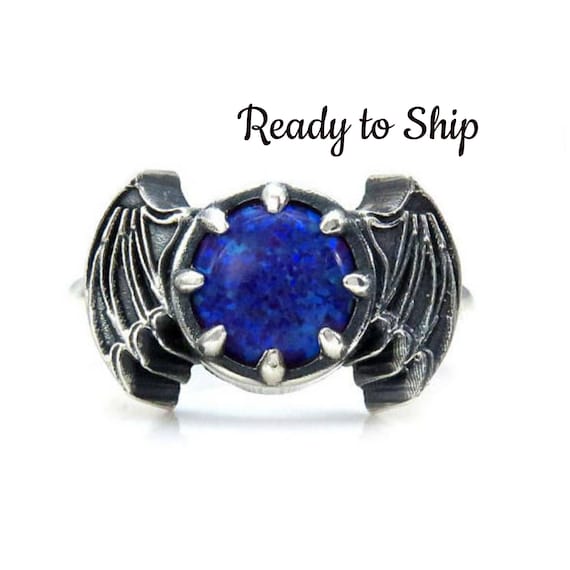 Ready to Ship Size 6 - 8 - Purple Haze Lab Opal Bat Wing Sterling Silver Gothic Ring