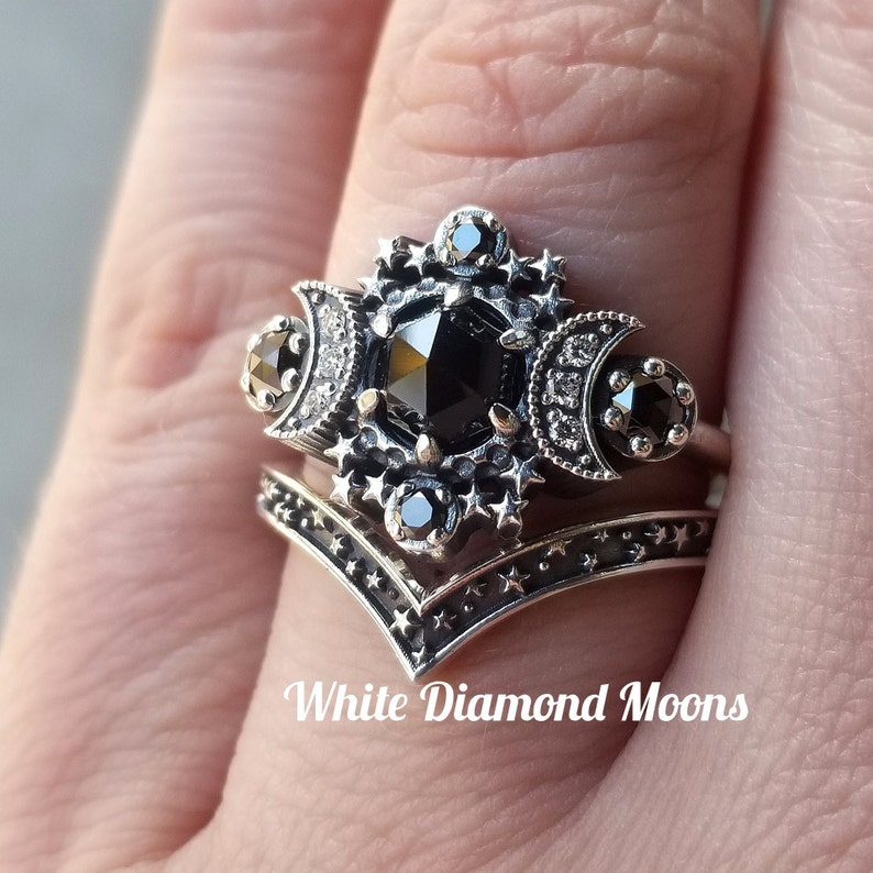 Gothic Cosmos Moon Engagement Ring Set Sterling Silver Moon and Stardust Chevron Wedding Band Celestial Fairytale Wedding Ring Set image 8